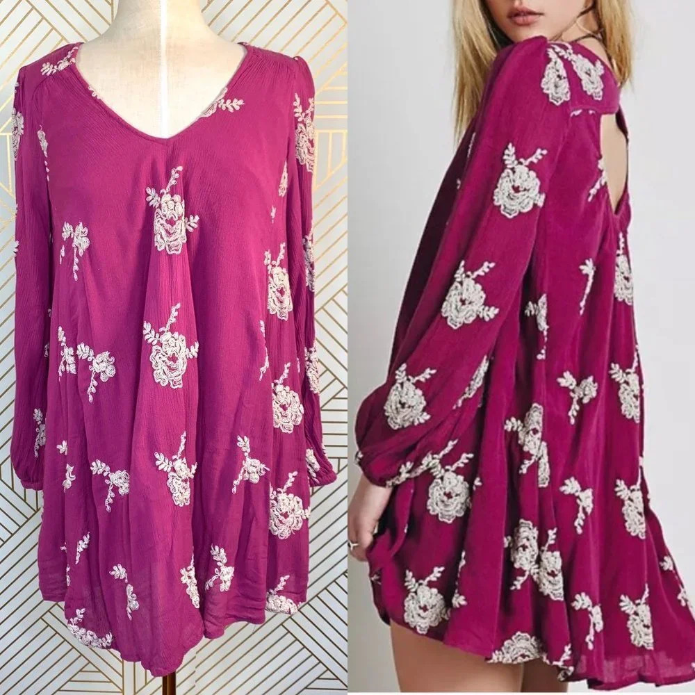 Free People Embroidered‎ Austin Mini Dress Purple
